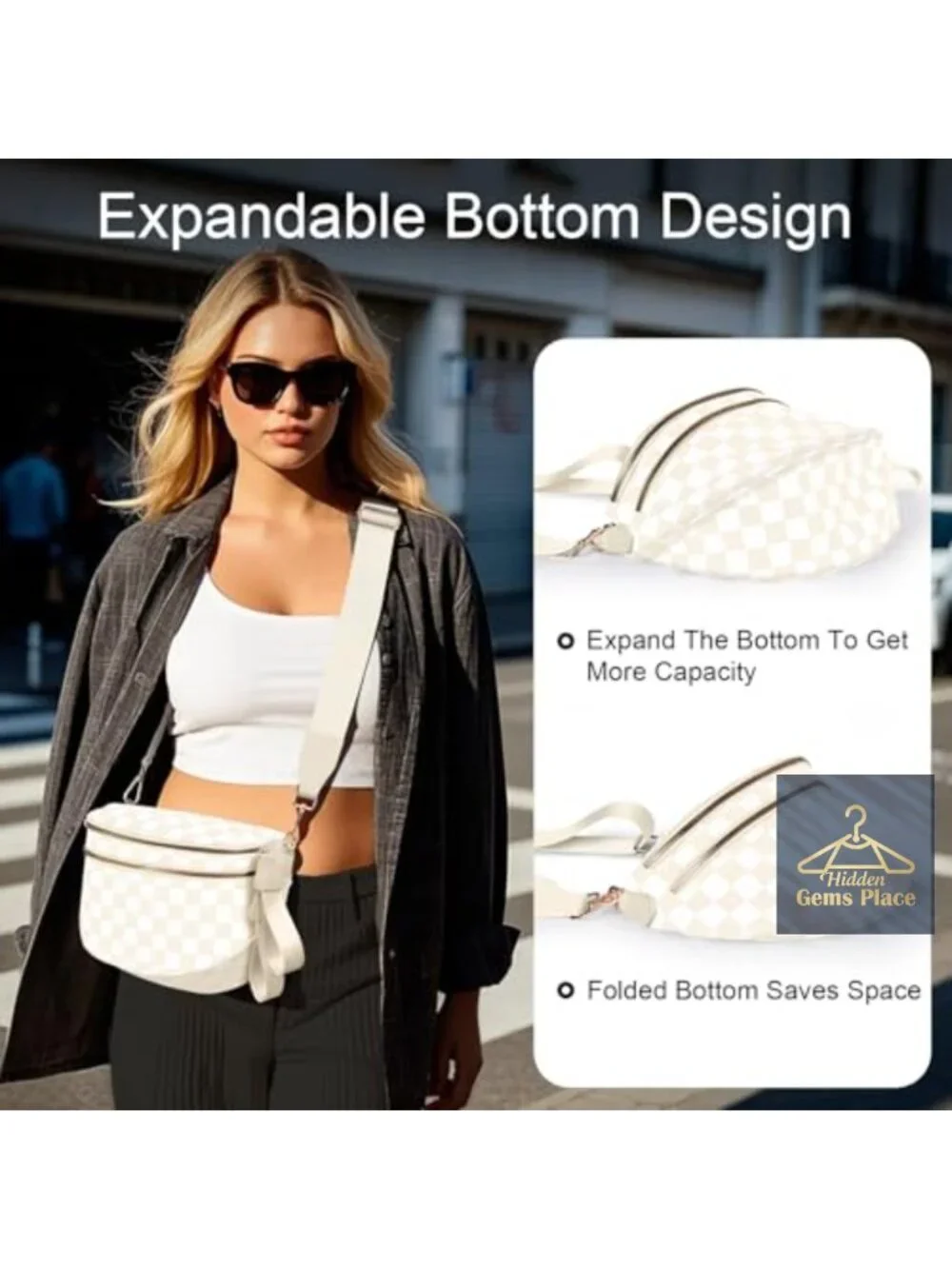 Checkered Crossbody Bag Large Nylon Fanny Pack Sling with Extra Strap